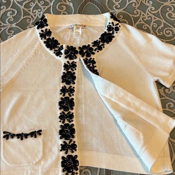 Nanette Lepore - White Cotton Cardigan with black beadwork. Size L - Picture 10 of 10